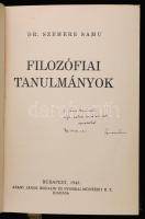 Dr. Szemere Samu (1881-1978): Filozófiai tanulmányok. Budapest, 1941, Arany János Irodalmi és Nyomdai Műintézet Rt. Kiadói egészvászon kötés, felül aranyozott lapélekkel. A címlapon a szerző dedikációjával 1949-ből.