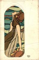 Vitraux dArt / Art Nouveau, P.M.M. Stained Glass Window Series Emb. art postcard s: Raphael Kirchner (fa)