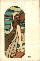 &quot;Vitraux d&#039;Art&quot; / Art Nouveau, P.M.M. Stained Glass Window Series Emb. art postcard s: Raphael Kirchner (fa)