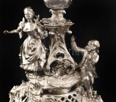 cca 1900 Neorokokó ezüst (Ag.) kandeláber (9 db gyertyacsészével) , jelzett, mesterjeggyel (MG) talp...