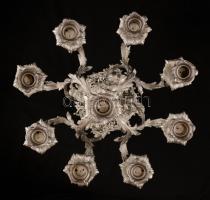 cca 1900 Neorokokó ezüst (Ag.) kandeláber (9 db gyertyacsészével) , jelzett, mesterjeggyel (MG) talp...