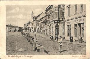 Szászrégen, Reghin, Sächsisch-Regen; Főtér, Ellek Gyula Frankel A. üzletei / main square, shops (fa)