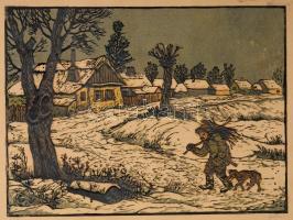 Gácsi Mihály (1926-1987): Alkony, színezett linómetszet, papír, jelzett, üvegezett fa keretben, 25,5...