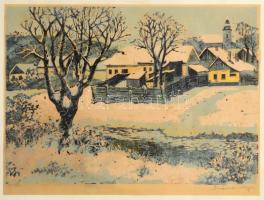 Olvashatatlan jelzéssel: Tél, színes linómetszet, papír, üvegezett fa keretben, 26×35 cm