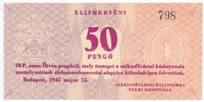 Budapest 1945. 50P elismervény &quot;Székesfővárosi házinyomda üzemi bizottsága&quot; T:I-