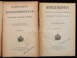 3 db. egyházi tankönyv:  Dr. Aubermann Miklós: Katholikus szertartástan. Középiskolák polgári- és felső leányiskolák számára. Budapest, 1918, Szent István-Társulat. Nyolcadik kiadás. Dr. Schütz Antal: Katholikus egyháztörténelem középfokú iskolák számára. Hatodik kiadás. Budapest, 1929, Szent István-Társulat. Hatodik kiadás. Dr. Magdics Ignác: Hitelemzéstan. A tanító- és tanítónőképző intézetek katholikus növendékei számára. Budapest, 1930, Szent István-Társulat. Harmadik kiadás. Átkötött félvászon kötés, változó állapotban.