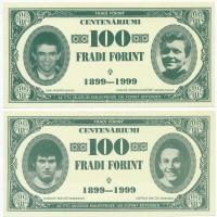 1999. 100Ft névértékű &quot;Centenáriumi Fradi Forint&quot; Sike, Jurikné, Mészáros, Dr. Lakat fényképével + 1999. 100Ft névértékű &quot; Centenáriumi Fradi Forint&quot; Somogyi, Ambrus, Dr. Páncsics, Rákosi fényképével T:I