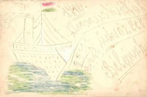 1910 Annuskától üdvözlettel Bélának kézzel készített üdvözlőlap, hajó / hand crafted greeting card, ship (fl)