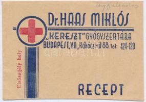 cca 1920-1930 Dr. Haas Miklós Kereszt Gyógyszertárának(Bp.VII.) receptborítékja