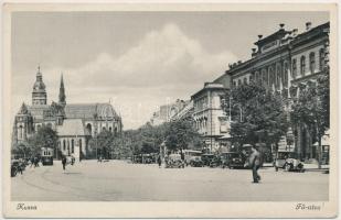 Kassa, Kosice; Fő utca, Schalk ház, villamos / main street, automobiles, tram