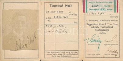 1931 Magyar Turista Szövetség arcképes tagsági igazolványa 6.5×10 cm