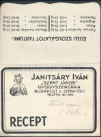 1938 Janitsáry Iván Szent János gyógyszertára, receptboríték fülcsepp recepttel 11.5×8 cm / medical prescription