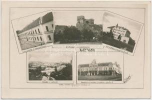 Léve, Levice; kaszárnya, várrom, Tanítóképző, Városi szálló, Foto Nagy, Dobrovitzky kiadása / barracks, castle ruins, techers training institute, hotel