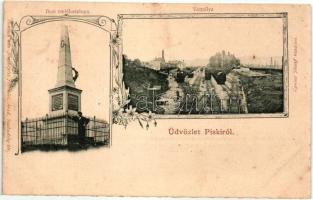 Piski, Simeria; Vaspálya, vasút, vagonok Bem emlékoszlopa, Honisch felvétele, Gyulai József kiadása / railway, memorial monument, floral Art Nouveau (vágott / cut)