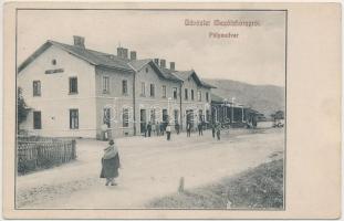 Mezőlaborc, Medzilaborce; pályaudvar, vasútállomás, kiadja Schönfeld Sámuel / railway station