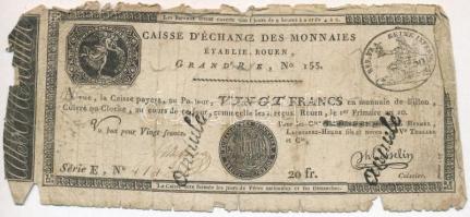 Franciaország / Rouen 1797-1803. 20Fr &quot;annulé (érvénytelen)&quot; felülbélyegzéssel T:III-,IV France / Rouen 1797-1803. 20 Francs &quot;annulé (cancelled)&quot; C:VG,G Krause S245a