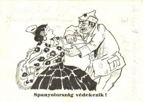 &quot;Spanyolország védekezik&quot;; Antiszemita propaganda lap, kiadja Held János könyvnyomdája / &quot;Spain defending&quot;; Spanish Anti-Semitic propaganda card, mocking art postcard (EK)