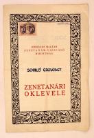 1940 Bp., Az Országos Magyar Zenetanár-vizsgáló Bizottság által kiállított zenetanári oklevél, illetékbélyeggel, rajta többet között Zathureczky Ede aláírásával