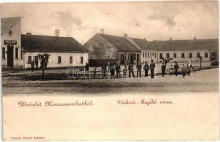 Muraszombat, Murska Sobota; Vásártér, Regedi utca, Fürst A., Dobrai János üzlete, kiadja Czipott József / market square, street, shop (vágott / cut)