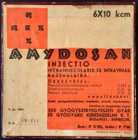 cca 1950 Amydosan gyógyszeresdoboz, Rex Gyógyszervegyészeti Gyár és Gyógyáru Kereskedelmi Rt., benne régi orvosi tűk (kb. 30 db.), és egy Kantige Sonden ampulla, 11x11 cm.