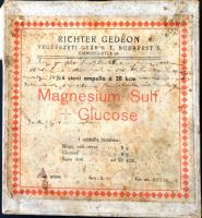 1950 Magnesium Sulf. Glucose gyógyszeresdoboz, Richter Gedeon Rt., 5 ampullával, a doboza foltos és picit szakadt, 15x14 cm.