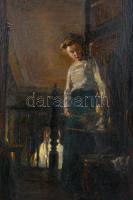 Jelzés nélkül: Hölgy az ajtónál. Olaj, vászon, restaurált, kis szakadással, 95×74 cm