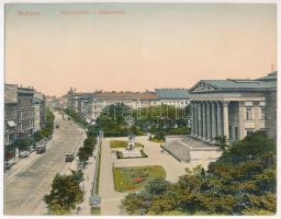 Budapest VIII. Múzeumkörút, Nemzeti Múzeum, villamosok, kiadja Taussig Arthur, hajtatlan panorámalap (fl)