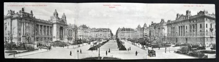 Budapest V. Szabadság tér, Áru és értéktőzsde palotája, Osztrák-magyar bank, villamosok, három lapos óriás panorámalap, Divald Károly (r)