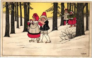 Children, pig, winter, M. Munk art postcard No. 551. s: Pauli Ebner (EK)
