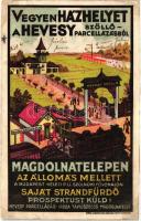 Tápiószecső, Magdolnatelep; &quot;Vegyen házhelyet a Hevesy szőlő parcellázásból!&quot; reklámlap, gőzmozdony (r)