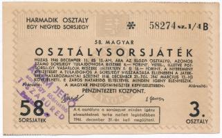 ~1946. &quot;58. Magyar Osztálysorsjáték&quot; Harmadik osztály egynegyed sorsjegye, &quot;Ádám Jenő sorsjegy főárusító Tiszafüred&quot; bélyegzéssel T:II