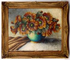 Végh jelzéssel: Virágcsendélet. Olaj, vászon, foltos, sérült keretben, 60×80 cm