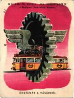 1948 Budapesti Nemzetközi Vásár, B.Sz.K.Rt. és B.H.É.V. Alk. szövetkezete reklámlap, villamos / Hungarian international fair&#039;s advertisement, tram, artist signed (EB)