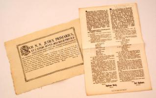 cca 1845, 1861 Mosonmagyaróvár, 2 db hirdetmény latin és német-magyar nyelven, ez utóbbi a nyilvános közgyűlésen hozott határozatokkal