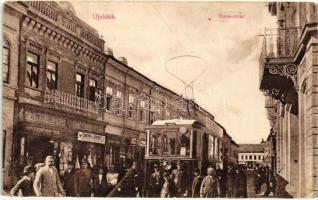 Újvidék, Novi Sad; Duna utca, Singer J. udvari fényképész üzlete, Gortan és Donati üzlete, villamos / shops, tram; Verlag J. Singer Hoffotograf (fa)