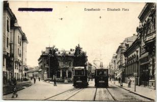 Újvidék, Novi Sad; Erzsébet tér, gyógyszertár, villamosok / square, pharmacy, trams