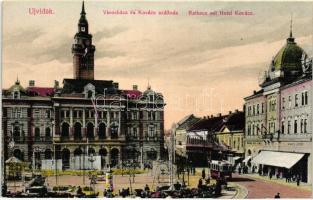 Újvidék, Novi Sad; Városháza, Kovács szálloda, villamosok, kiadja Hajós tőzsde / town hall, hotel, trams