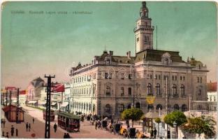 Újvidék, Novi Sad; Kossuth Lajos utca, városháza, villamosok / street, town hall, trams