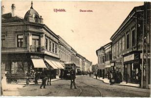 Újvidék, Novi Sad; Duna utca, villamos, Ivkovic Milan és Dietzcen fiai üzlete, kiadja Urbán Ignác / street, tram, shops