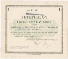 Budapest 1923. &quot;Magyar Földhitelintézet&quot; letéti jegye 1db zárolt &quot;Gottschlig Ágoston Részvénytársasági&quot; részvényről, szárazpecséttel, bélyegzésekkel T:III