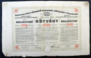 Budapest 1893. "Magyar Helyi Érdekű Vasutak Részvénytársaság" 4 1/2%-os részvénye 2000K-ról, szelvényekkel és szárazpecséttel T:III,III- szakadások a széleken