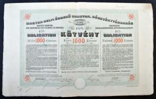 Budapest 1893. &quot;Magyar Helyi Érdekű Vasutak Részvénytársaság&quot; 4 1/2%-os részvénye 1000K-ról, szelvényekkel és szárazpecséttel T:III