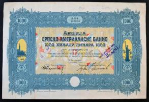 Szerb-Horvát-Szlovén Királyság / Belgrád 1924. &quot;Szerb-Amerikai Bank&quot; részvénye 1000D-ról, szelvényekkel, bélyegzéssel és szárazpecséttel T:II-,III Kingdom of the Serbs, Croats and Slovenes / Belgrade 1924. &quot;Serbian-American Bank&quot; share about 1000 Dinara, with coupons, overprint and embossed stamp C:VF,F