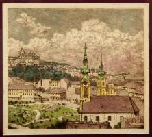 Mátrai Vilmos (1877-?): Tabáni látkép (Döbrentei tér), színezett rézkarc, papír, jelzett, paszpartub...