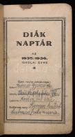 1935/1936 Diáknaptár, számos bejegyzéssel, a tanárok és iskolatársak neveivel, a borító foltos, vise...