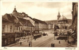 Pécs, Széchényi tér, Engel Mór, Kohn Hermann üzletei, villamos (EK)