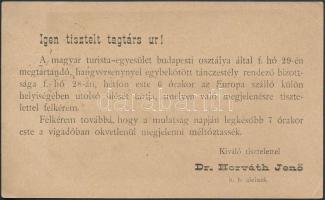 1891 Bp., A magyar turista egyesület budapesti osztályának meghívója hangversennyel egybekötött táncestélyre