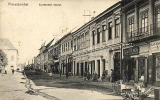 Rimaszombat, Rimavska Sobota; Erzsébet tér, Blau Vilmos, Engel Adolf és Dickmann Dezső üzlete, kiadja Lévai Izsó / square, shops  (EK)