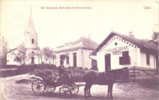 Csízfürdő, Ciz Kupele; Református templom, Ilona lak, gyógyszertár, Csiszár telep, lovaskocsi, kiadja Szűcs Simon / church, house, pharmacy, horse cart (EK)