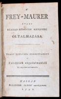[Starck, Johann August (1741-1816)]: A Frey-Maurer, avagy a szabad-kőmives rendnek oltalmazása. Német nyelvből fordíttatott a Felsőbbek engedelmekből ki-nyomttatott. Kassa, 1792, Ellinger János, 6+226+1 p.  A magyar szabadkőműves irodalom egyik első, és igen ritka darabja. A kassai Égő bokorhoz páholy az egyház támadásai miatt úgy döntött közzé teszi magyarul is e munkát, amely összefoglalja a szabadkőművesség lényegét, és céljait. Az eredeti német kiadás 1770-ben jelent meg. Starck professzor írása új szabadkőműves irányzatott alapított, ún. klerikusokat. Az írást Mária Terézia tiltó rendelete ellenére kiadták, ami ezt követően komoly vitákat váltott ki.  Korabeli kissé sérült félbőr kötésben, festett lapélekkel. de a lapok belül szép állapotban. A hátulsó előzéklapon korabeli ceruzával rajzolt karikatúrával.
